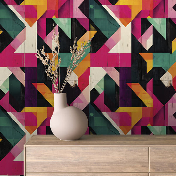 Magenta Emerald Angular Collage Peel & Stick Wallpaper – Geometric 0025