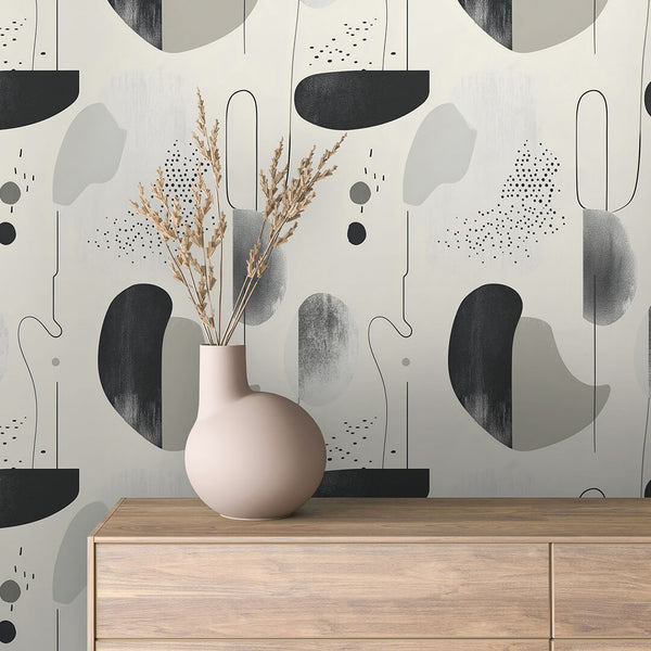 Monochrome Pebble Line Art Peel & Stick Wallpaper – Geometric 0039