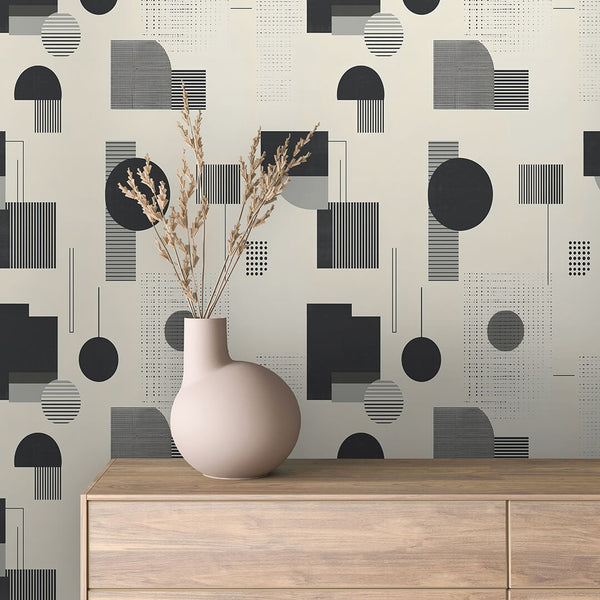 Monochrome Halftone Shape Mix Peel & Stick Wallpaper – Geometric 0040