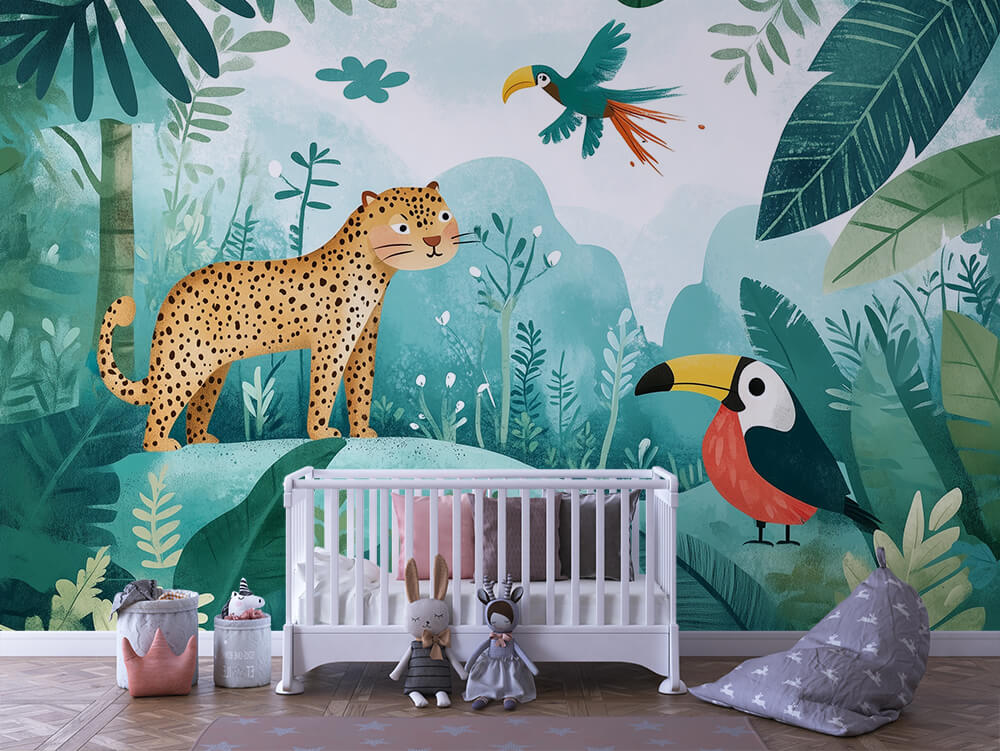 INFANTILE 0002 – Teal Jungle Friends Wall Mural