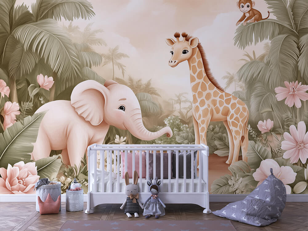 INFANTILE 0011 – Blush Palm Safari Wall Mural