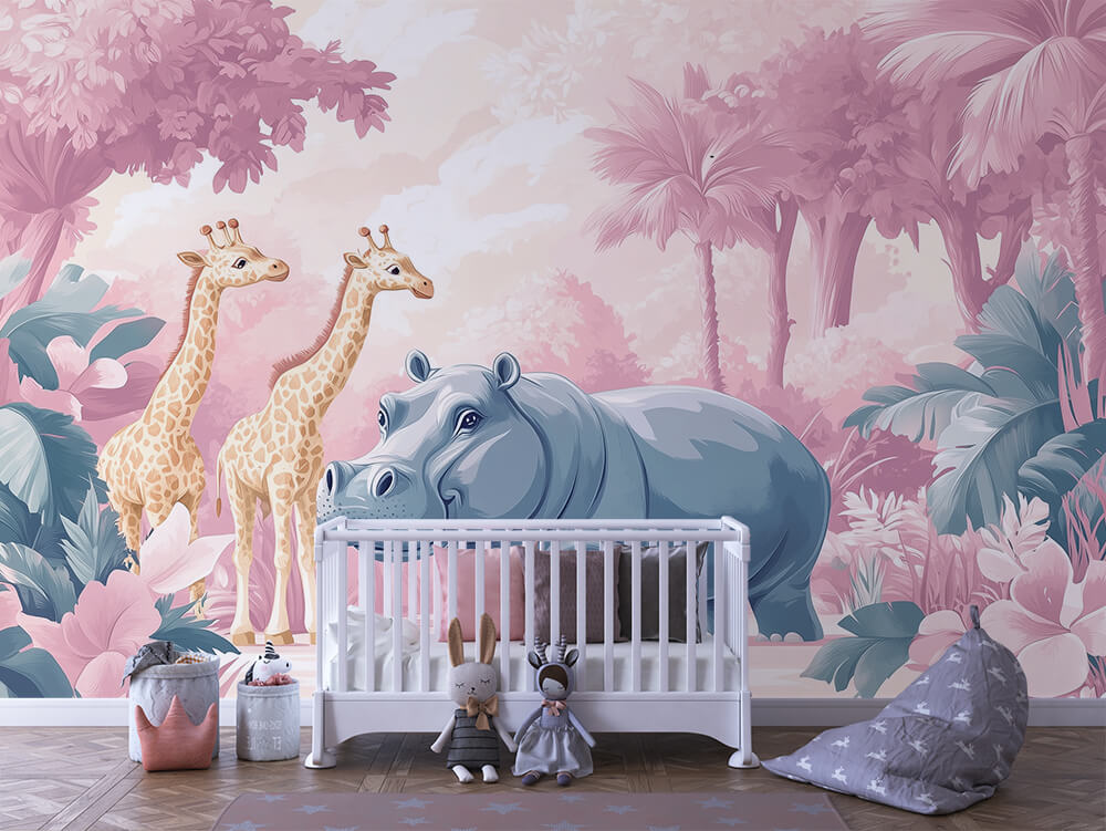 INFANTILE 0014 – Pastel Pink Hippo & Giraffes Wall Mural
