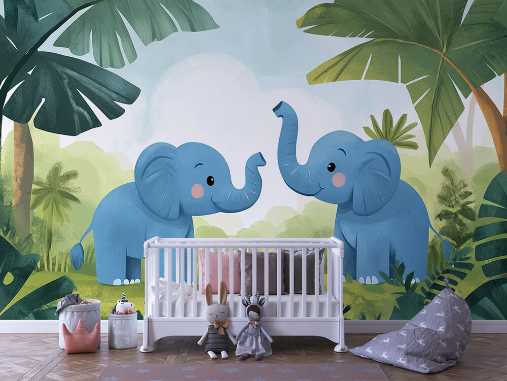 INFANTILE 0027 – Playful Blue Elephants Wall Mural