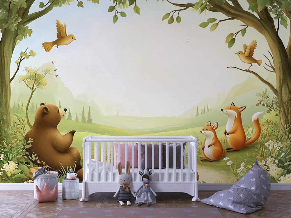 INFANTILE 0032 – Meadow Bear & Foxes Wall Mural