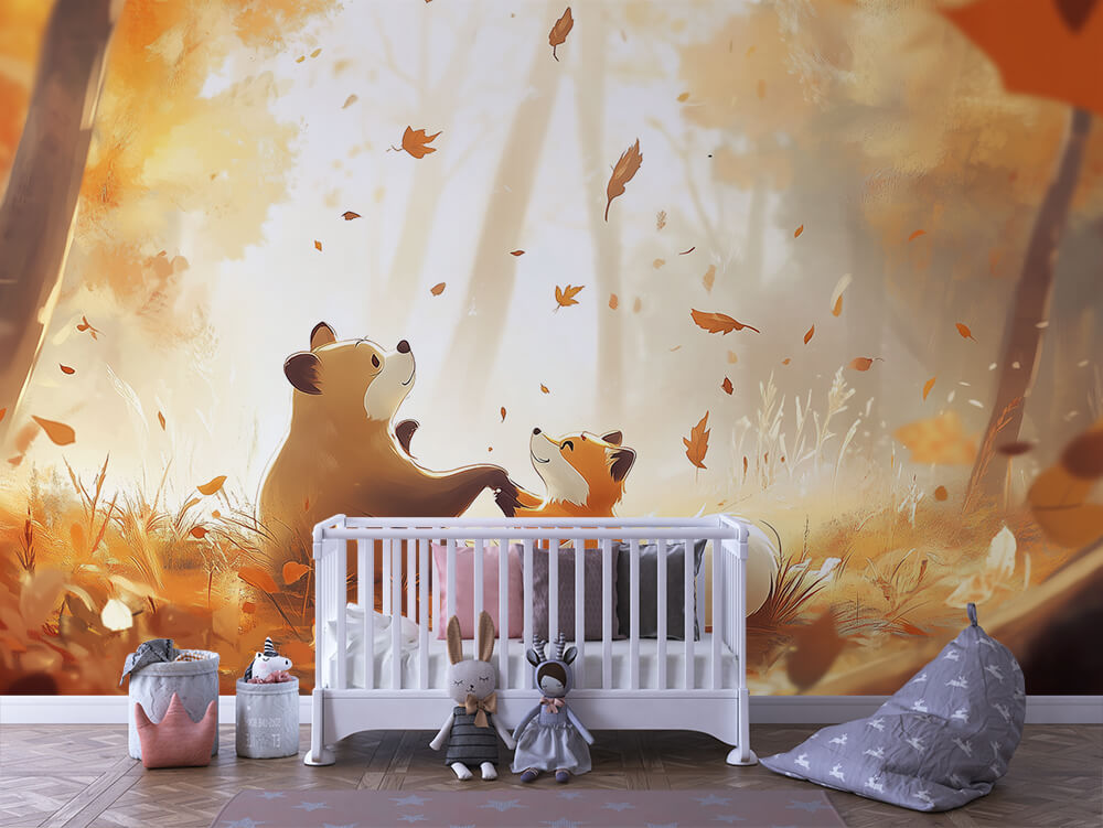 INFANTILE 0038 – Autumn Leaves Bear & Fox Wall Mural