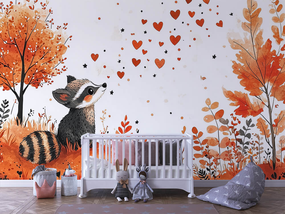 INFANTILE 0042 – Raccoon & Falling Hearts Wall Mural