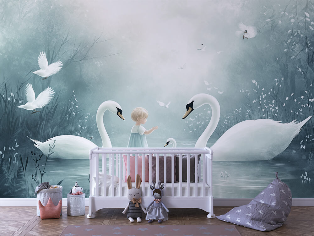 INFANTILE 0053 – Boy & Swans Lake Wall Mural