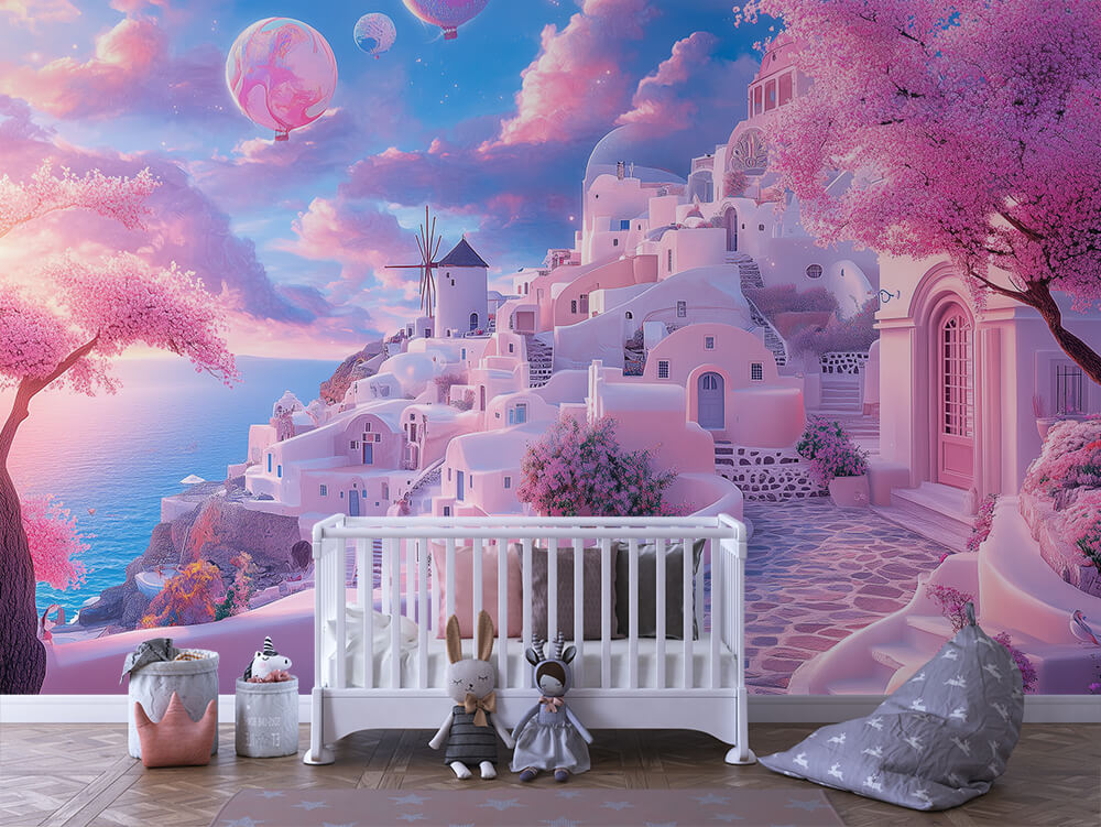 INFANTILE 0062 – Pink Cliffside Village Wall Mural