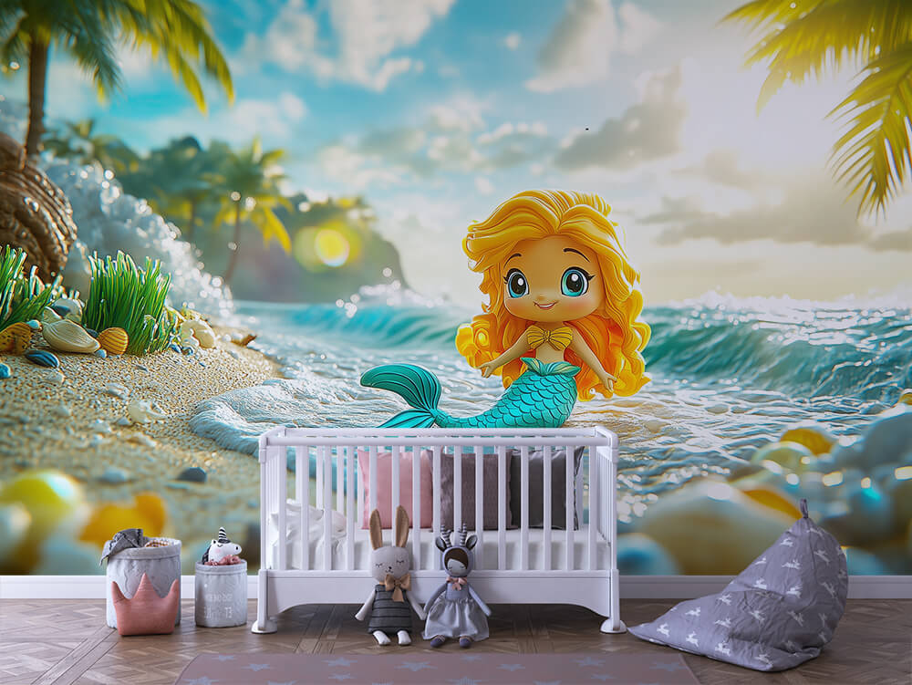 INFANTILE 0070 – Golden Mermaid Shore Wall Mural