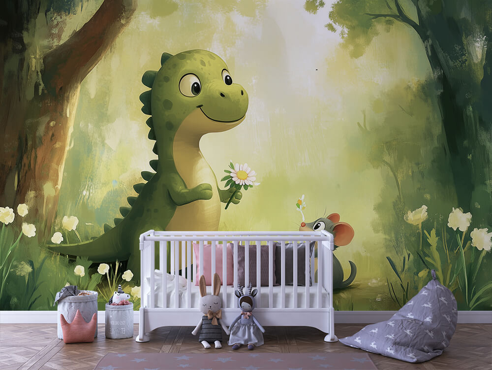 INFANTILE 0078 – Green Dino & Daisy Wall Mural