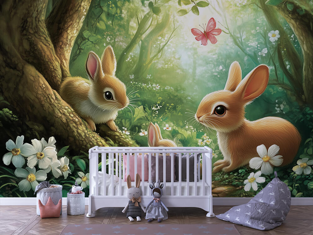 INFANTILE 0084 – Woodland Bunny Pair Wall Mural