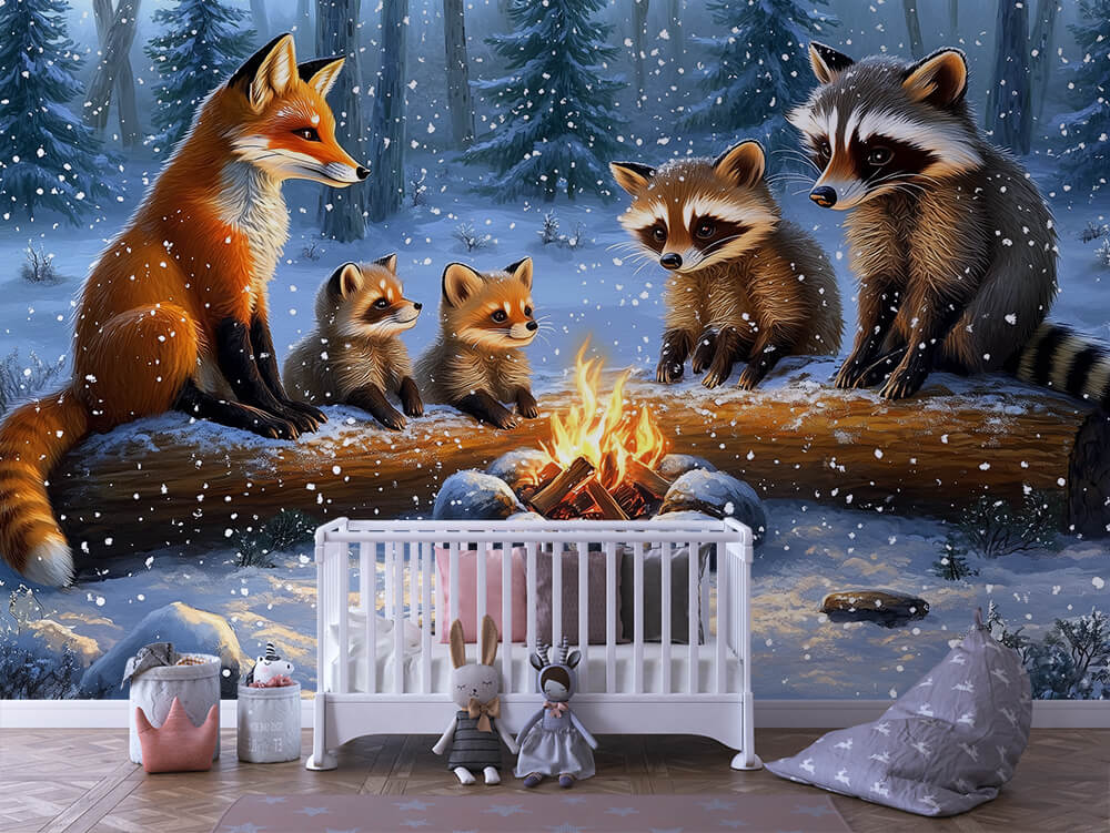 INFANTILE 0096 – Snowy Campfire Friends Wall Mural