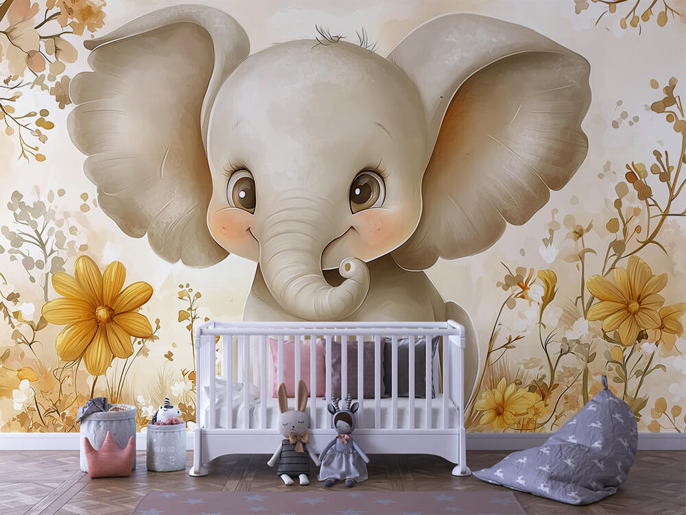 INFANTILE 0101 – Golden Floral Elephant Wall Mural