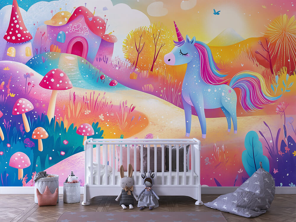 INFANTILE 0108 – Mushroom Village Unicorn Wall Mural
