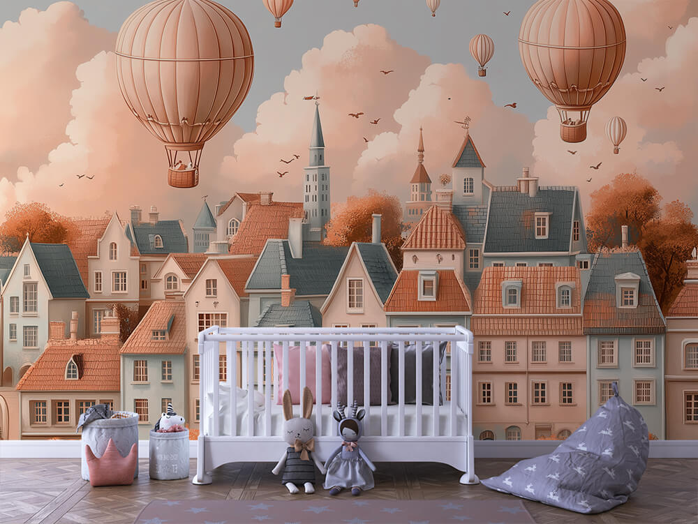 INFANTILE 0111 – European Old Town Balloon Skyline Wall Mural