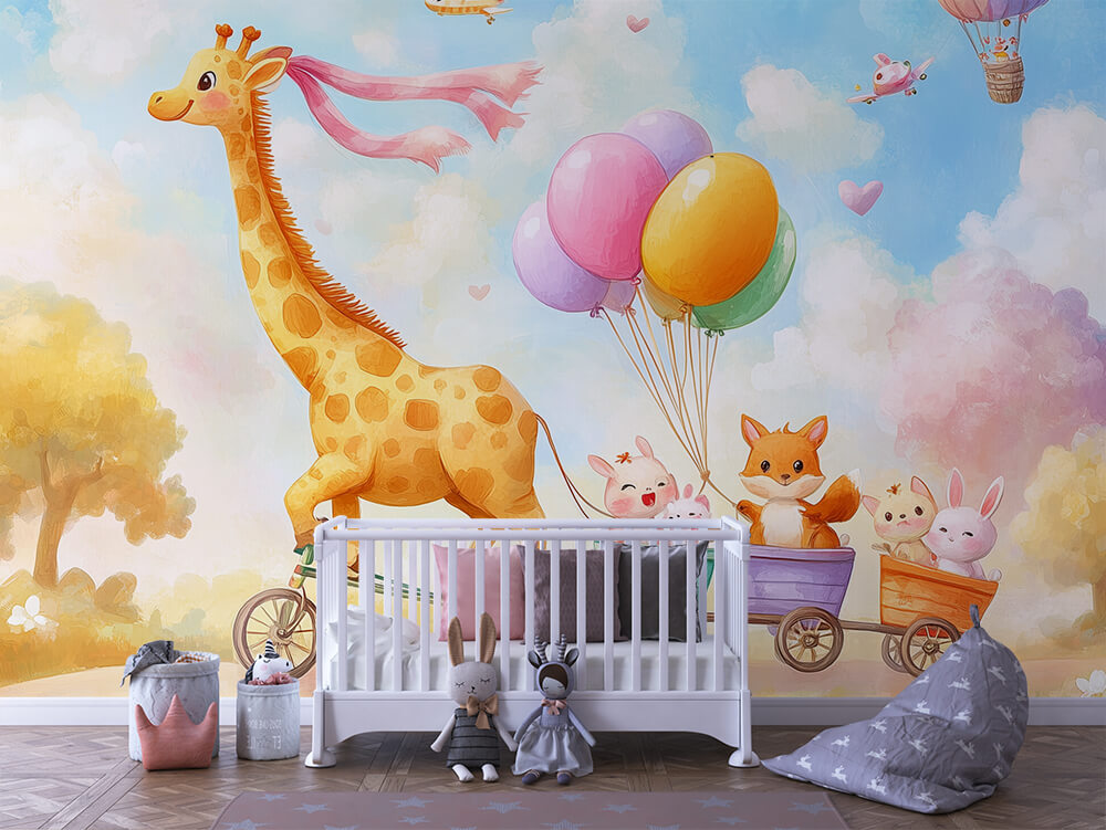 INFANTILE 0125 – Giraffe and Friends Balloon Ride Wall Mural
