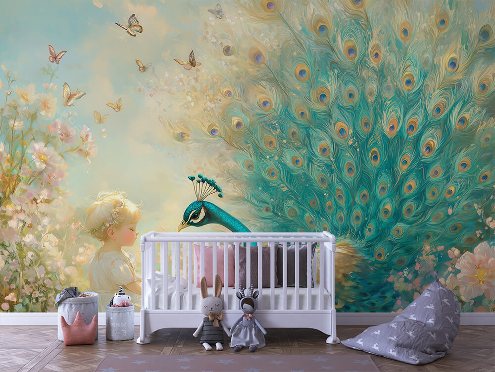INFANTILE 0129 – Golden Peacock Silhouette Wall Mural