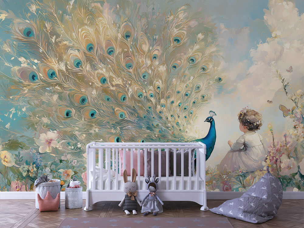 INFANTILE 0130 – Teal Peacock Garden Wall Mural