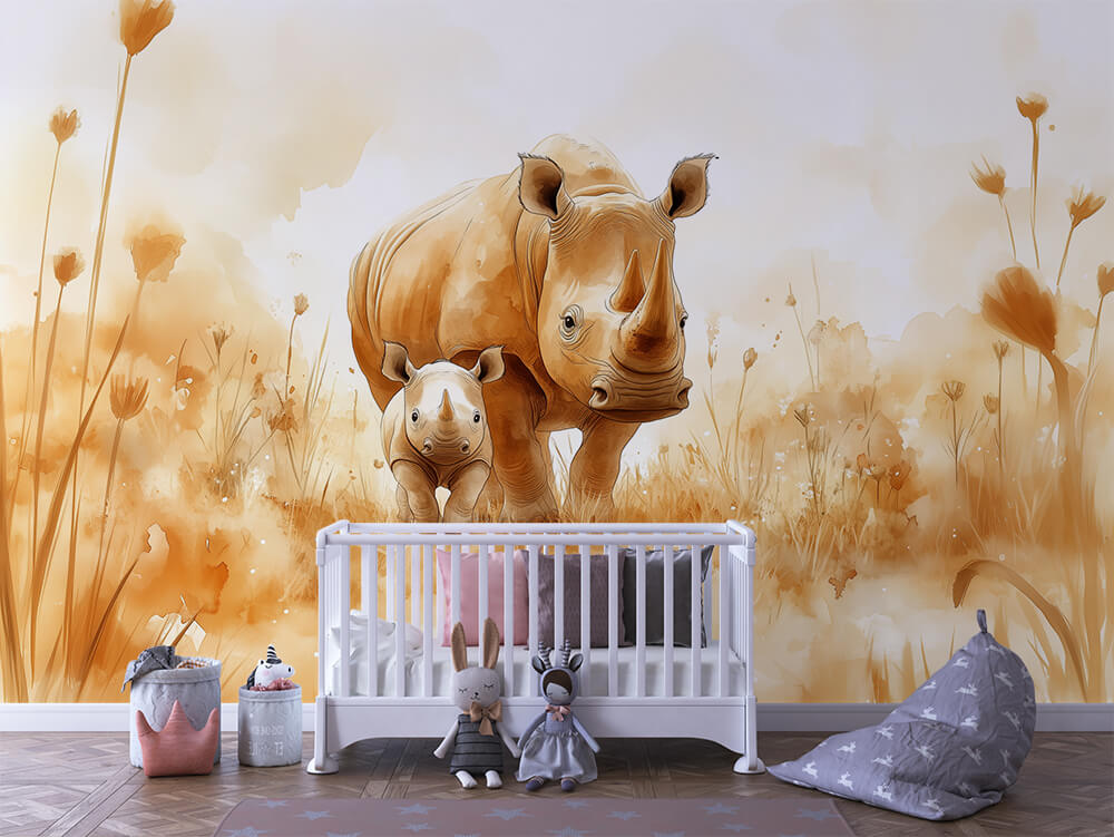 INFANTILE 0137 – Watercolor Rhino and Calf Wall Mural