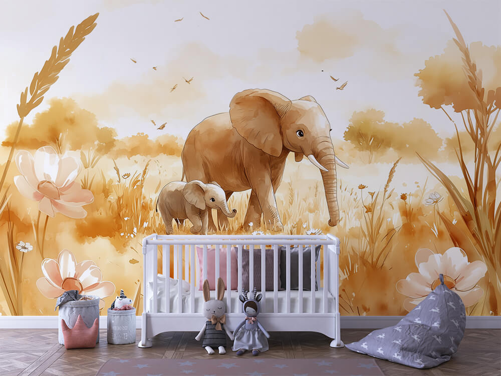 INFANTILE 0138 – Watercolor Elephant and Calf Wall Mural