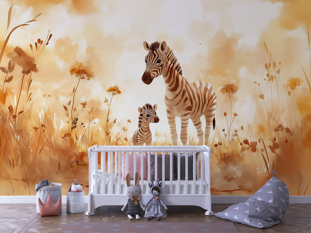 INFANTILE 0140 – Watercolor Zebra and Foal Wall Mural