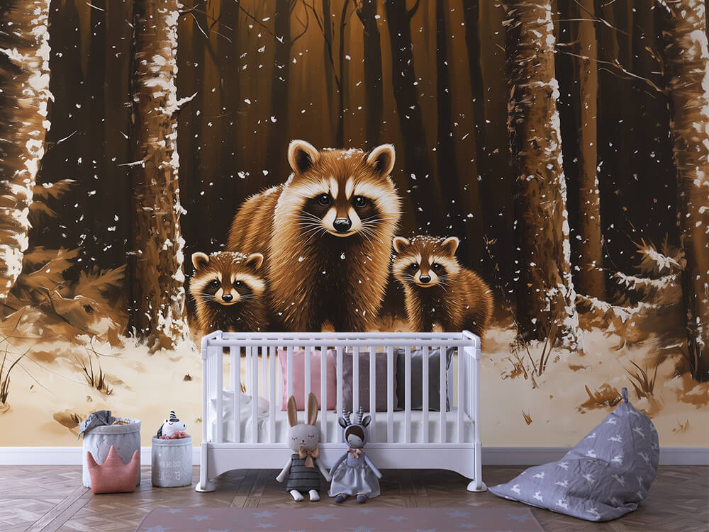INFANTILE 0143 – Snowy Forest Raccoon Family Wall Mural