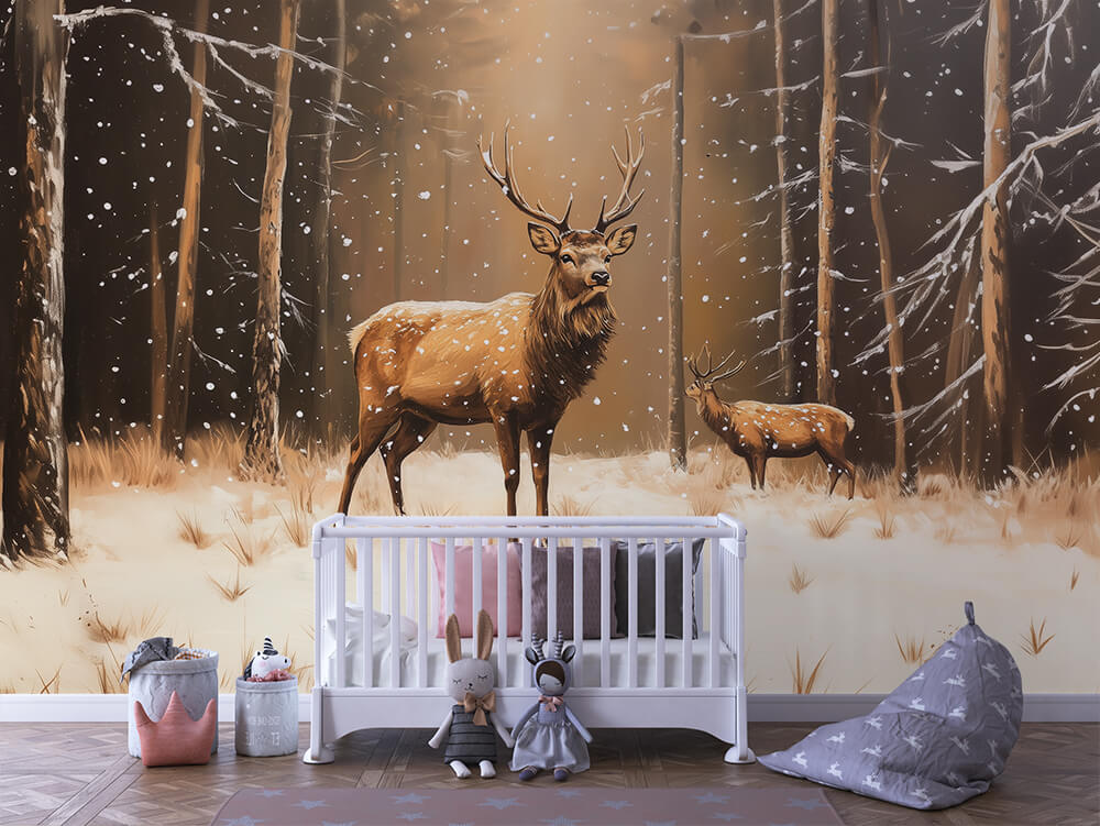 INFANTILE 0148 – Snowy Forest Stag Duo Wall Mural