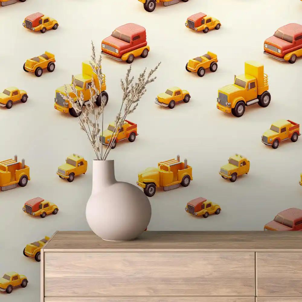Yellow and Red Toy Trucks on Cream Peel & Stick Wallpaper – Toy Box 0002