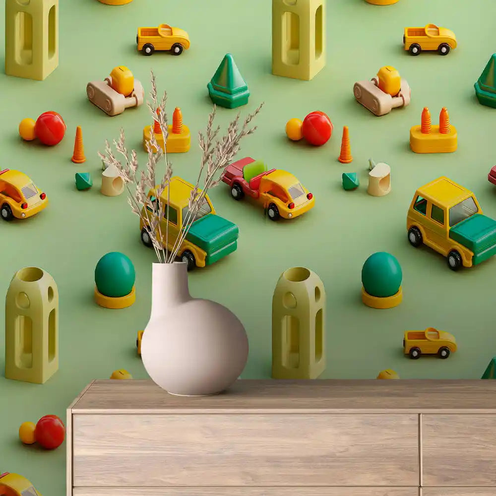 Toy Cars and Shapes on Mint Green Peel & Stick Wallpaper – Toy Box 0003