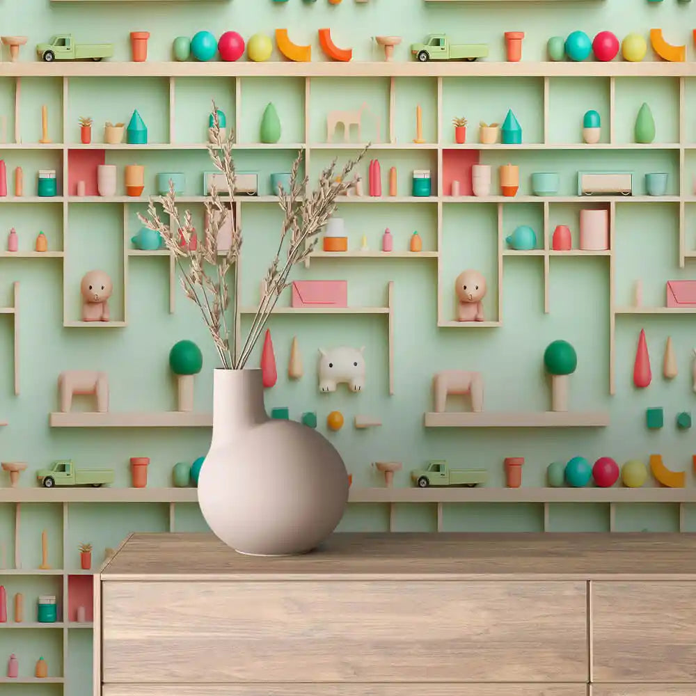Toy Shelf Wall on Mint Peel & Stick Wallpaper – Toy Box 0005
