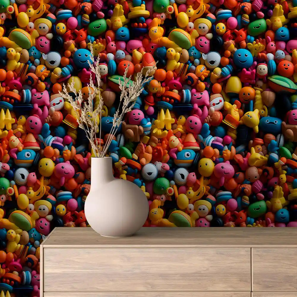 Smiling Rubber Toy Pile Peel & Stick Wallpaper – Toy Box 0006