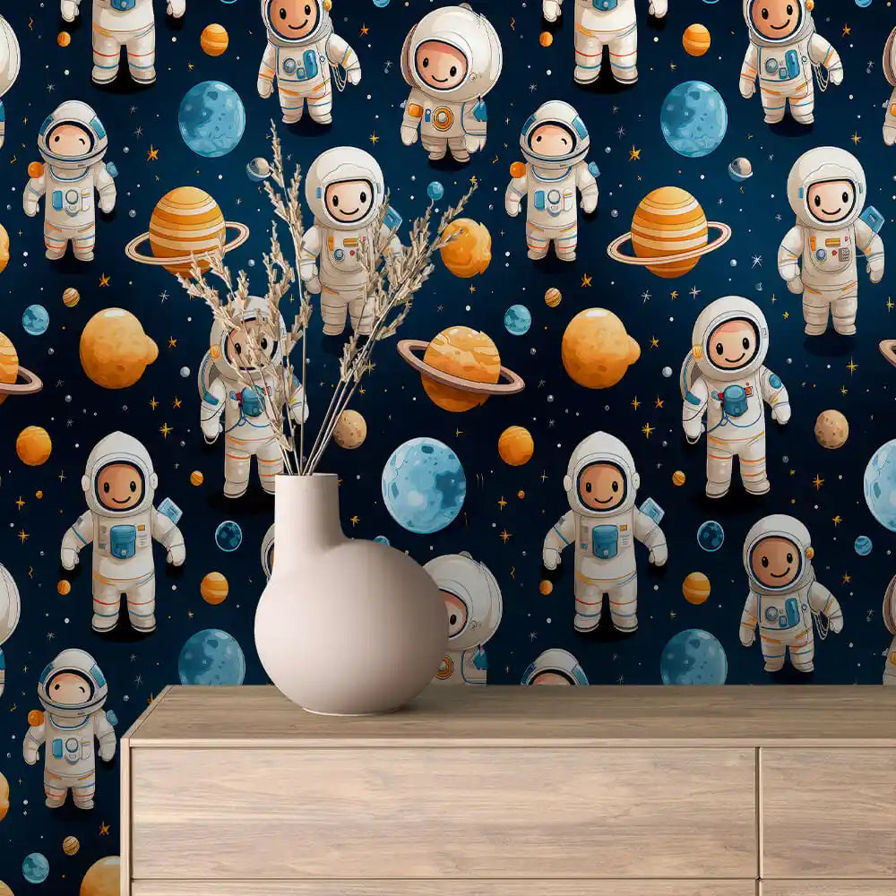 Little Astronauts and Planets on Navy Peel & Stick Wallpaper – Toy Box 0007