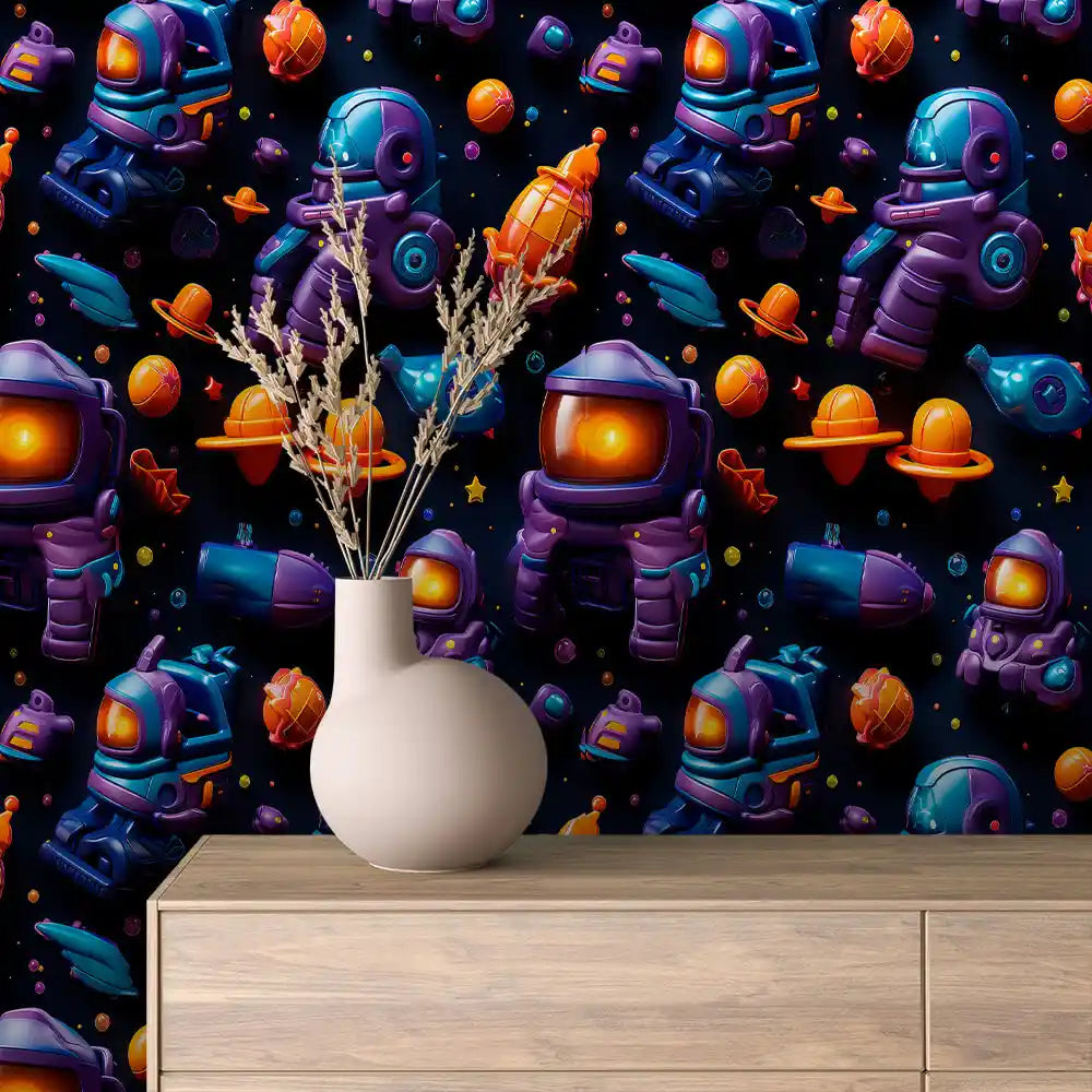 Purple Space Explorers and Rockets Peel & Stick Wallpaper – Toy Box 0008