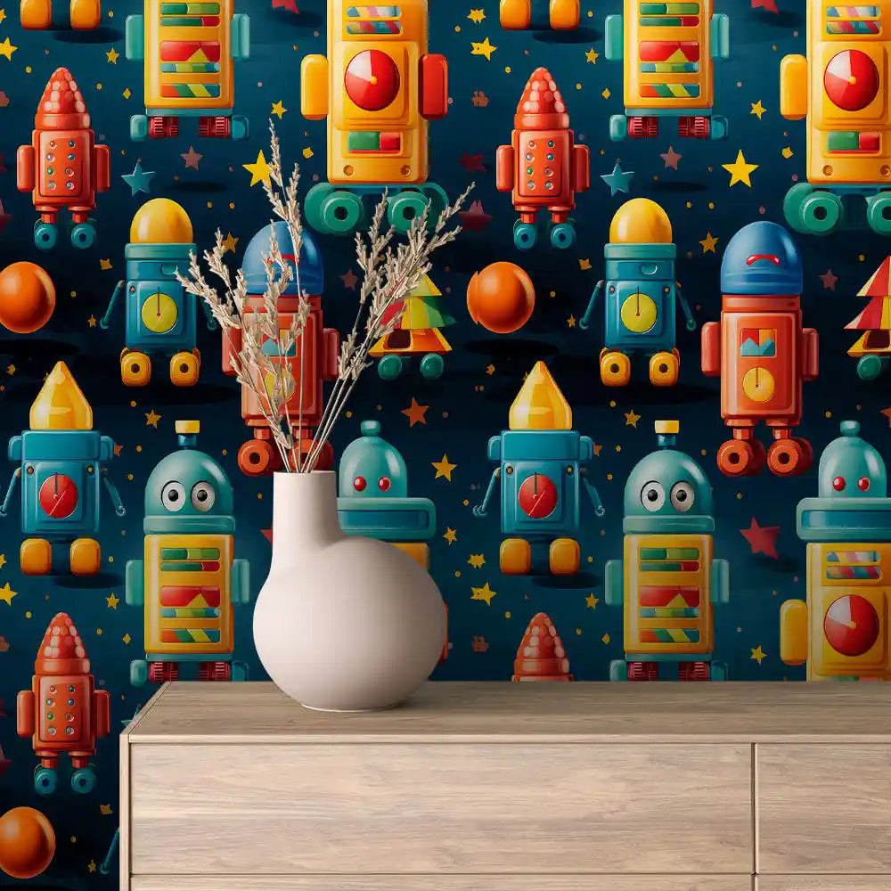 Retro Tin Robots and Rockets Peel & Stick Wallpaper – Toy Box 0009