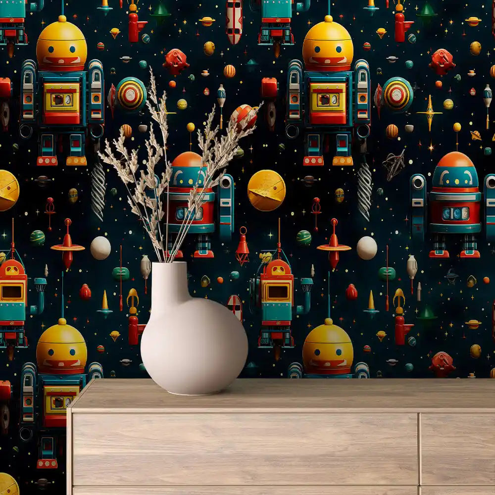 Vintage Robot Toys on Midnight Peel & Stick Wallpaper – Toy Box 0010