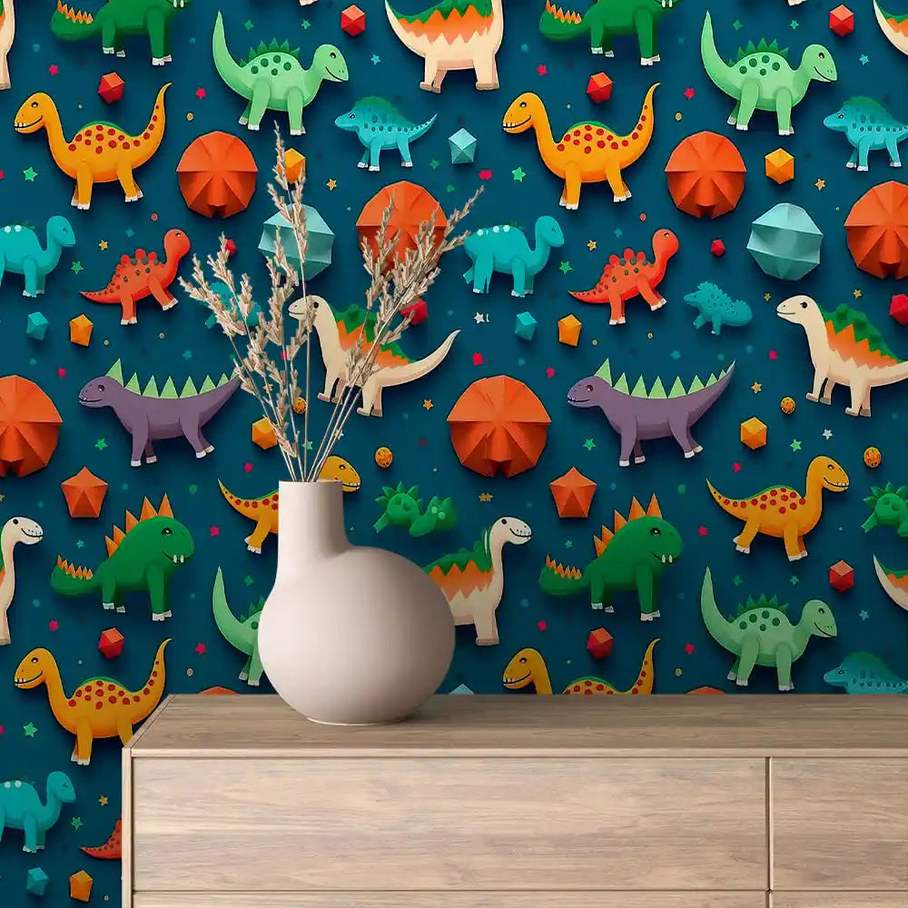 Paper Cut Dinosaurs on Teal Peel & Stick Wallpaper – Toy Box 0011