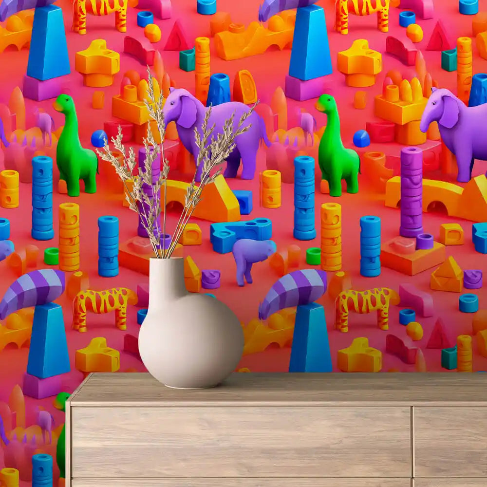 Block Animals and Shapes on Coral Peel & Stick Wallpaper – Toy Box 0016