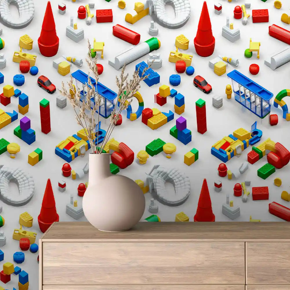 Primary Brick Town on White Peel & Stick Wallpaper – Toy Box 0018
