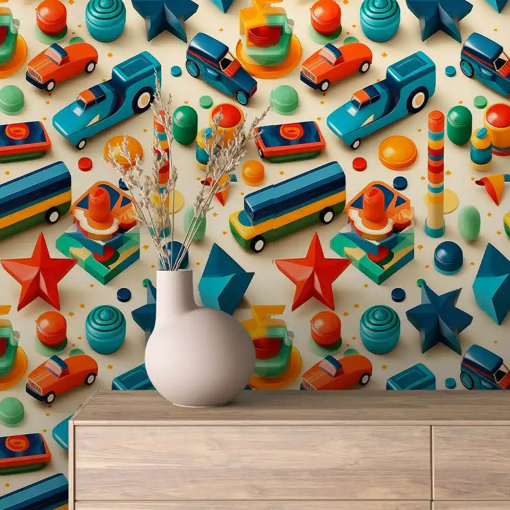 Retro Wooden Cars Buses and Stars Peel & Stick Wallpaper – Toy Box 0019