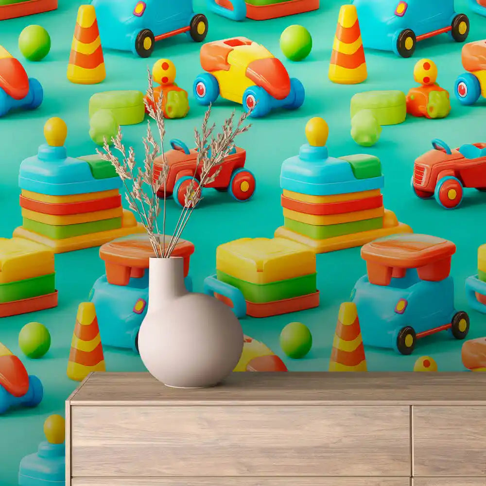 Ride On Toys and Stackers on Teal Peel & Stick Wallpaper – Toy Box 0020