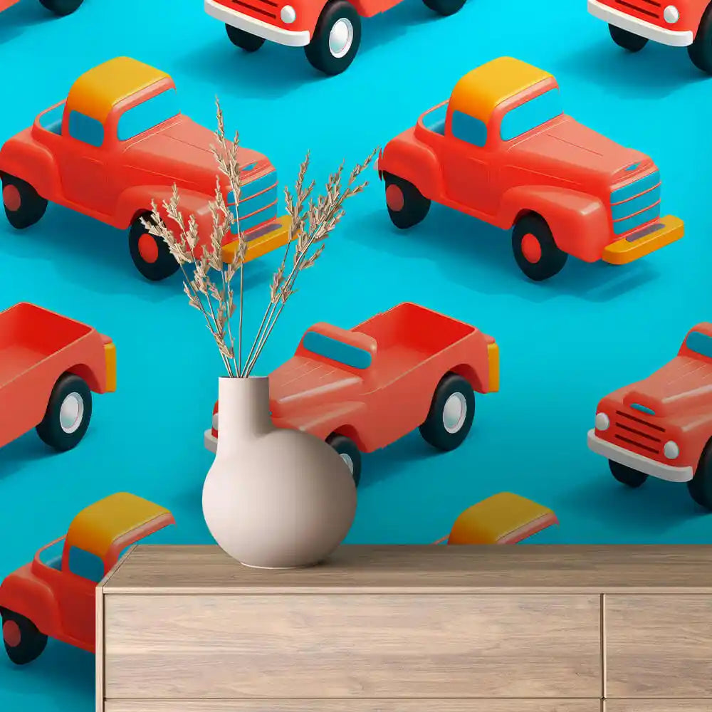Red Pickup Trucks on Turquoise Peel & Stick Wallpaper – Toy Box 0021
