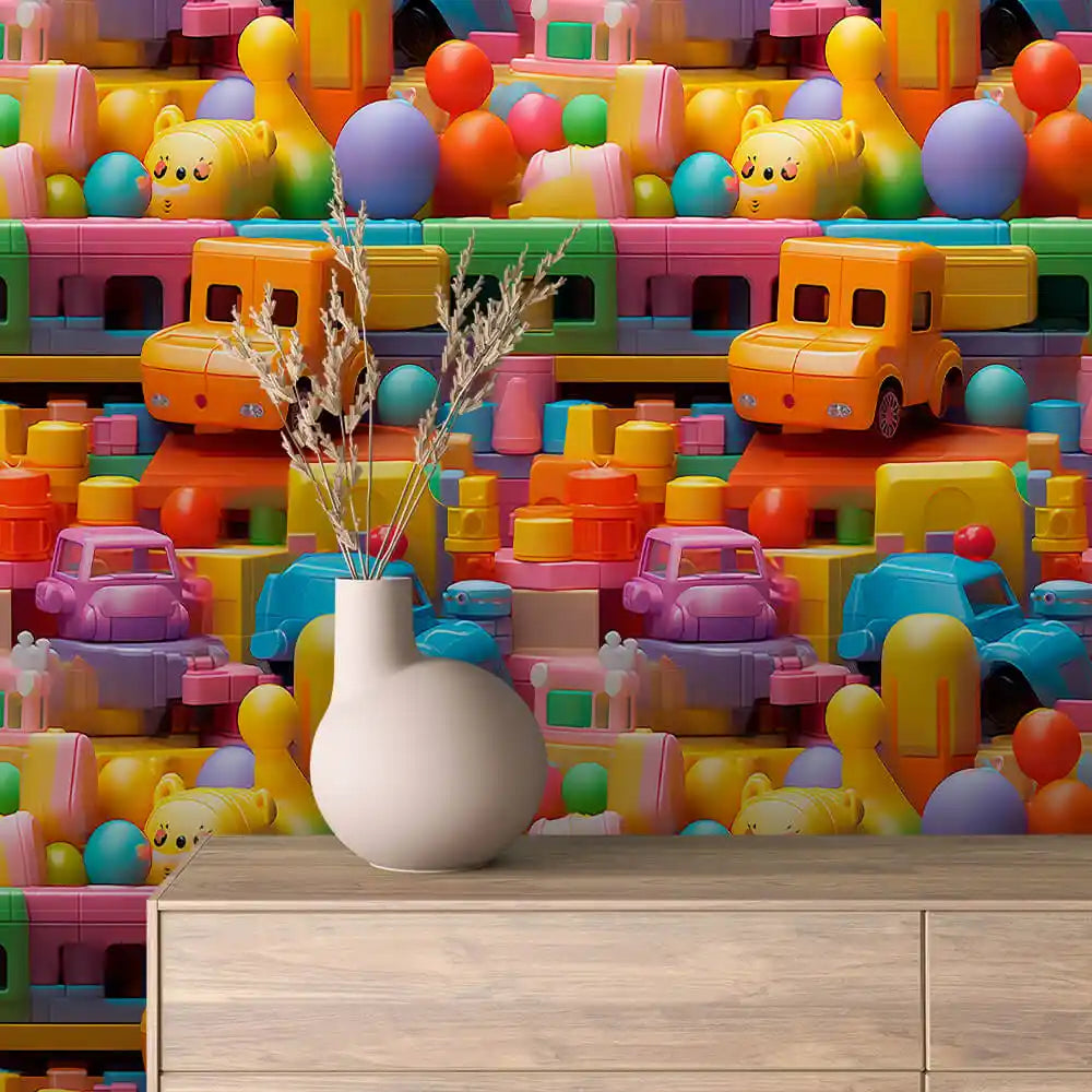 Pastel Toy Heap with Bears and Trucks Peel & Stick Wallpaper – Toy Box 0022