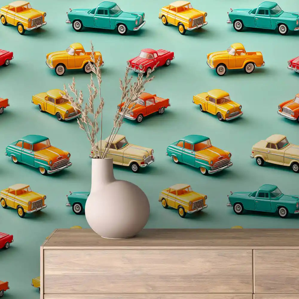 Retro Classic Cars on Mint Peel & Stick Wallpaper – Toy Box 0024