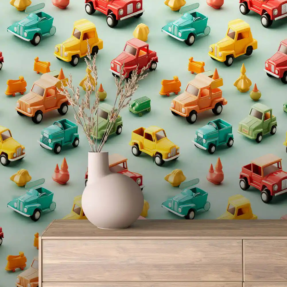 Toy Jeeps and Trucks on Sage Peel & Stick Wallpaper – Toy Box 0025