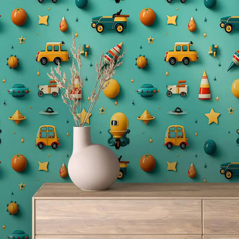 Space Buggies Rockets and Saucers on Teal Peel & Stick Wallpaper – Toy Box 0026