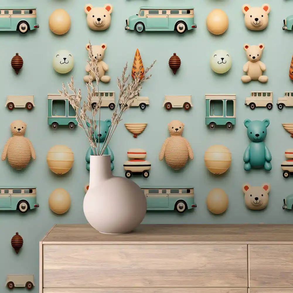 Teddy Bears and Buses on Pale Mint Peel & Stick Wallpaper – Toy Box 0027