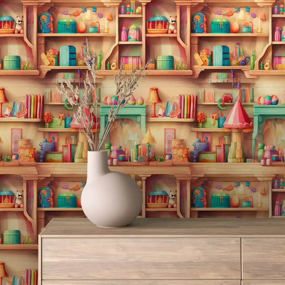 Storybook Toy Shop Shelves in Cream Peel & Stick Wallpaper – Toy Box 0029