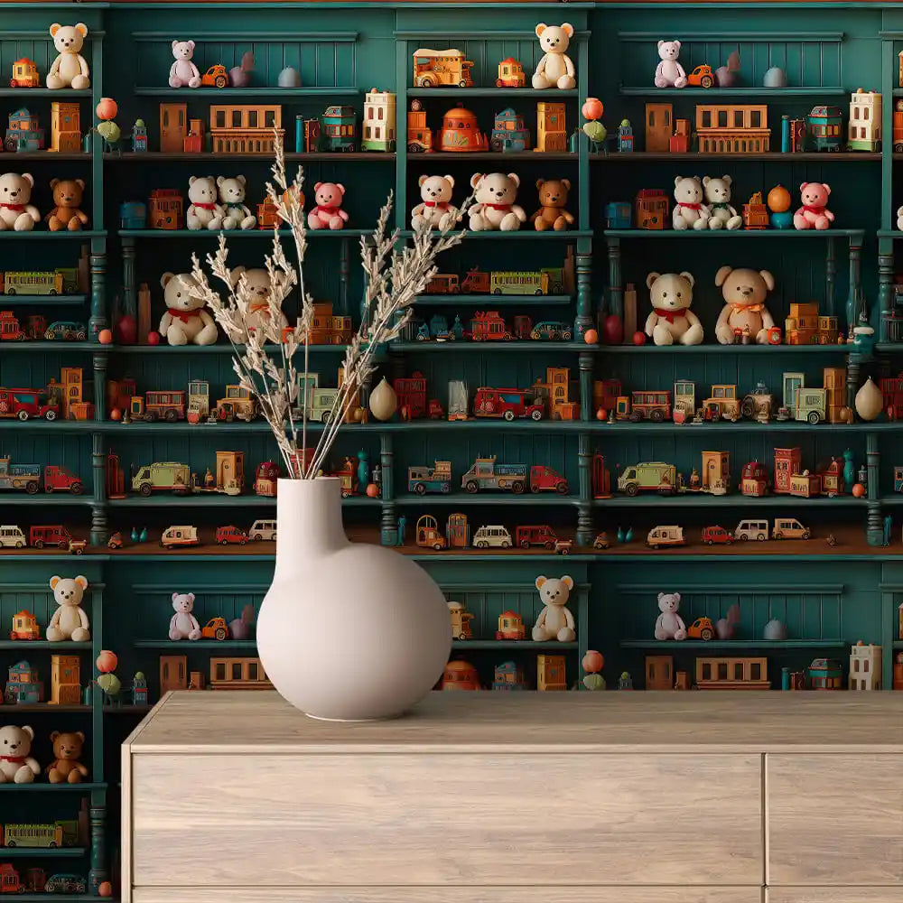 Vintage Toy Shop Shelves in Deep Teal Peel & Stick Wallpaper – Toy Box 0030