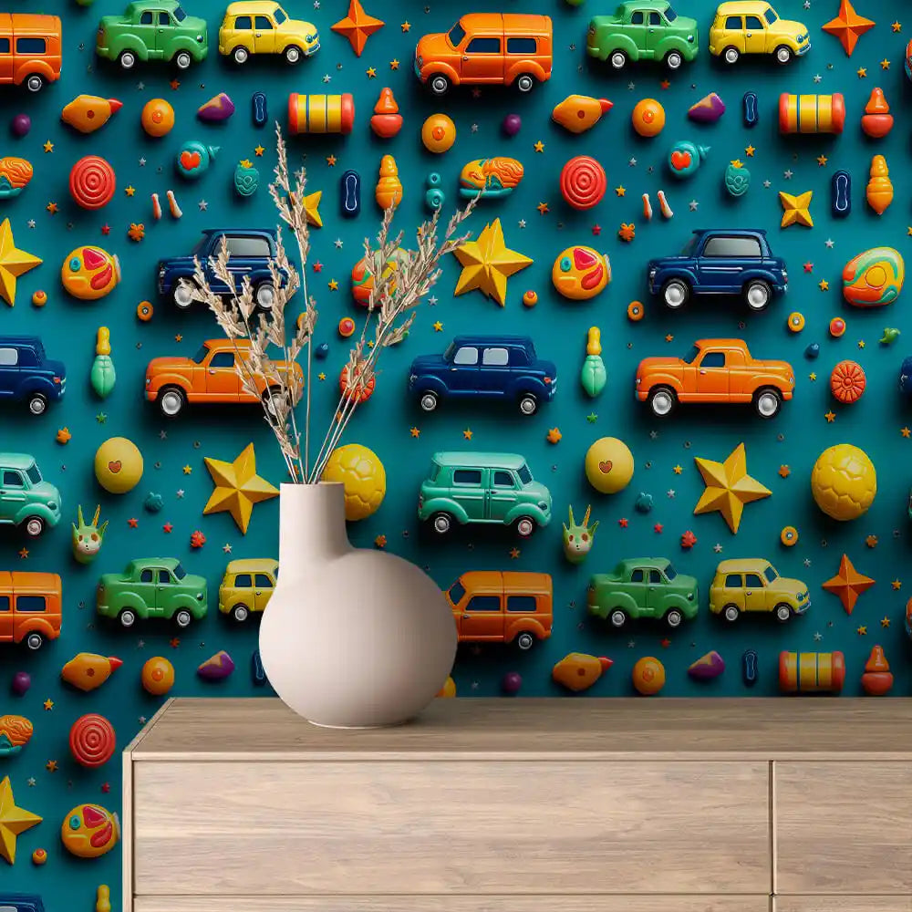 Toy Vans and Gold Stars on Deep Teal Peel & Stick Wallpaper – Toy Box 0031