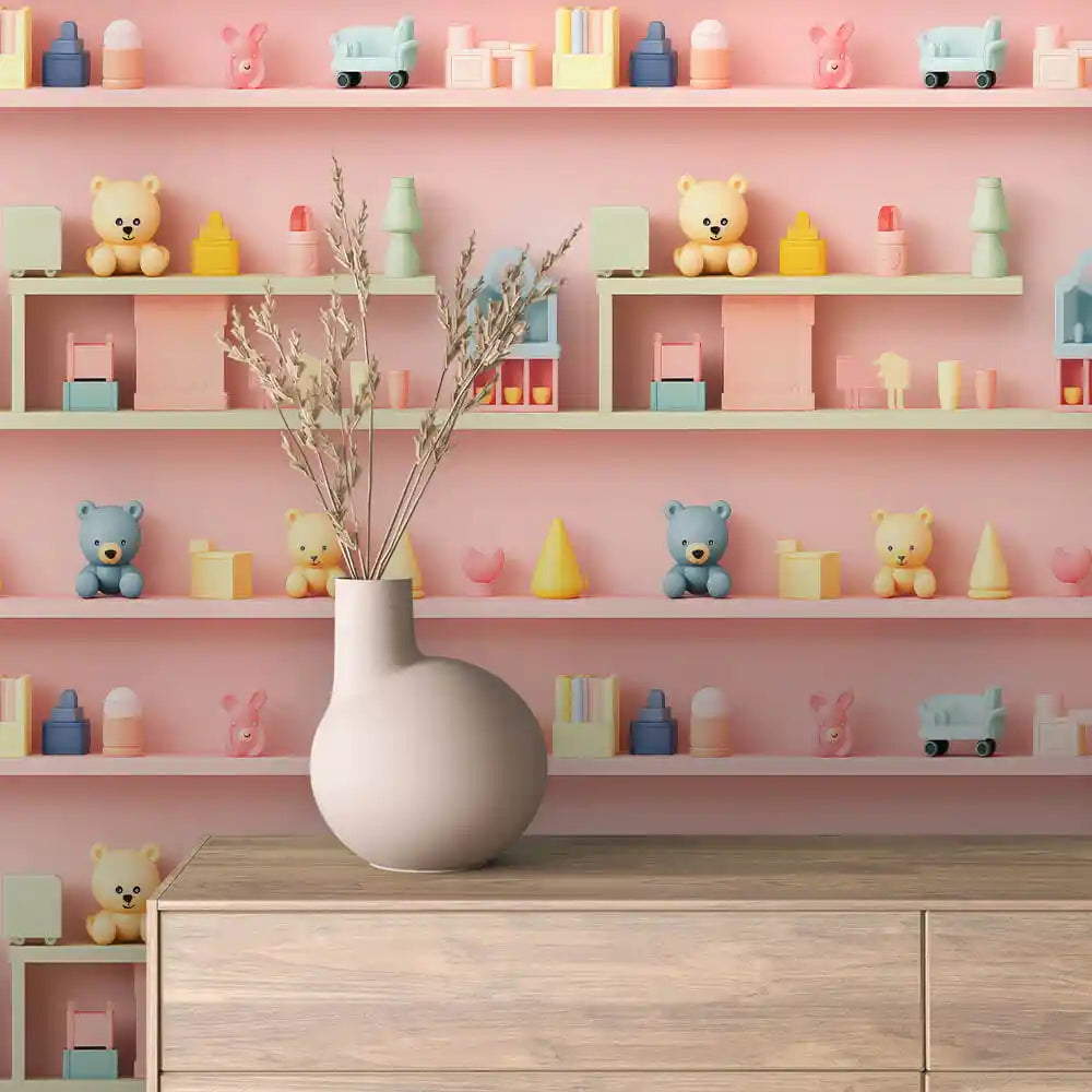 Pastel Pink Nursery Shelves with Bears Peel & Stick Wallpaper – Toy Box 0032